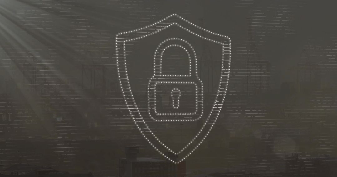 Digital Padlock Symbol Over Urban Skyline with Glitch Effect