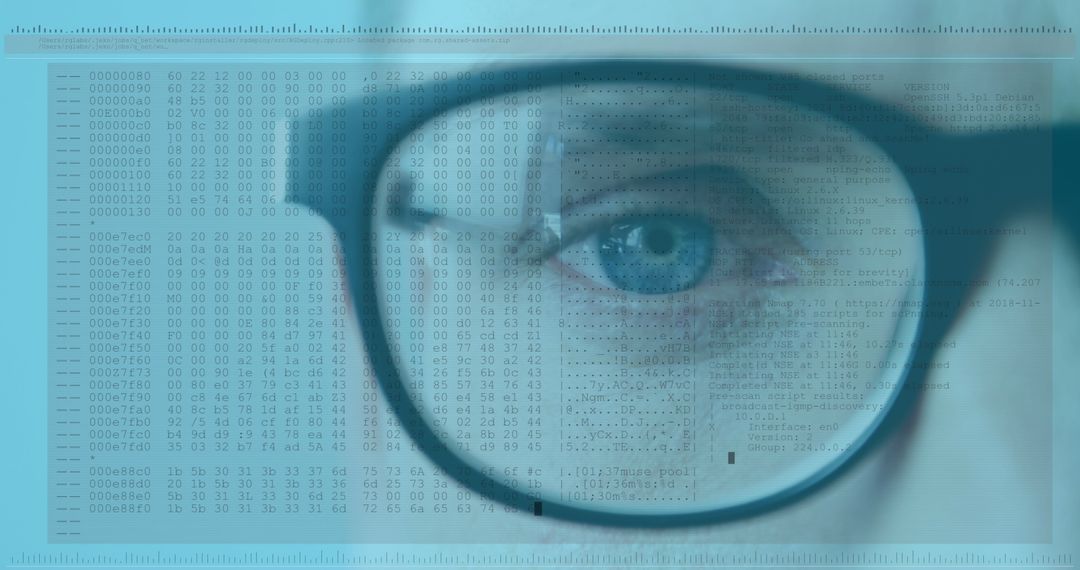 Close-Up Eye Glasses Overlaid with Digital Code Data Text