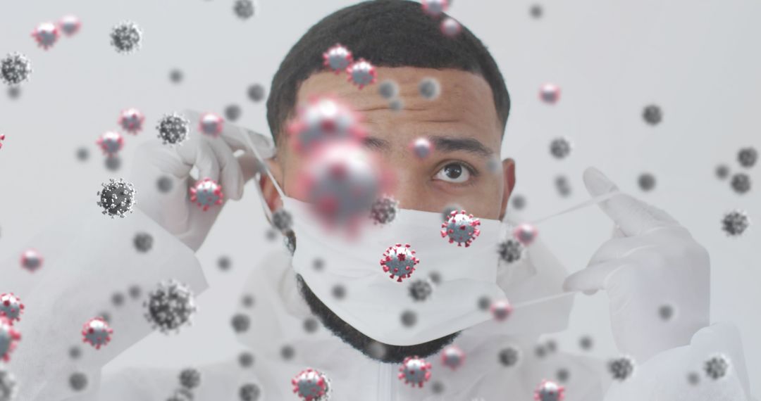 Health Worker Adjusting Mask Amid Illustrative Virus Particles