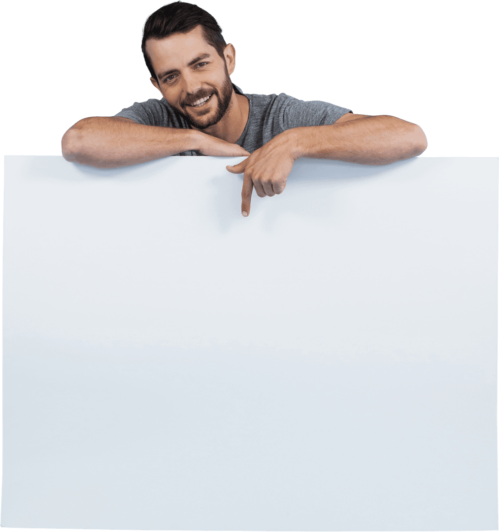 smiling man pointing down at transparent board - Download Free Stock Images Pikwizard.com