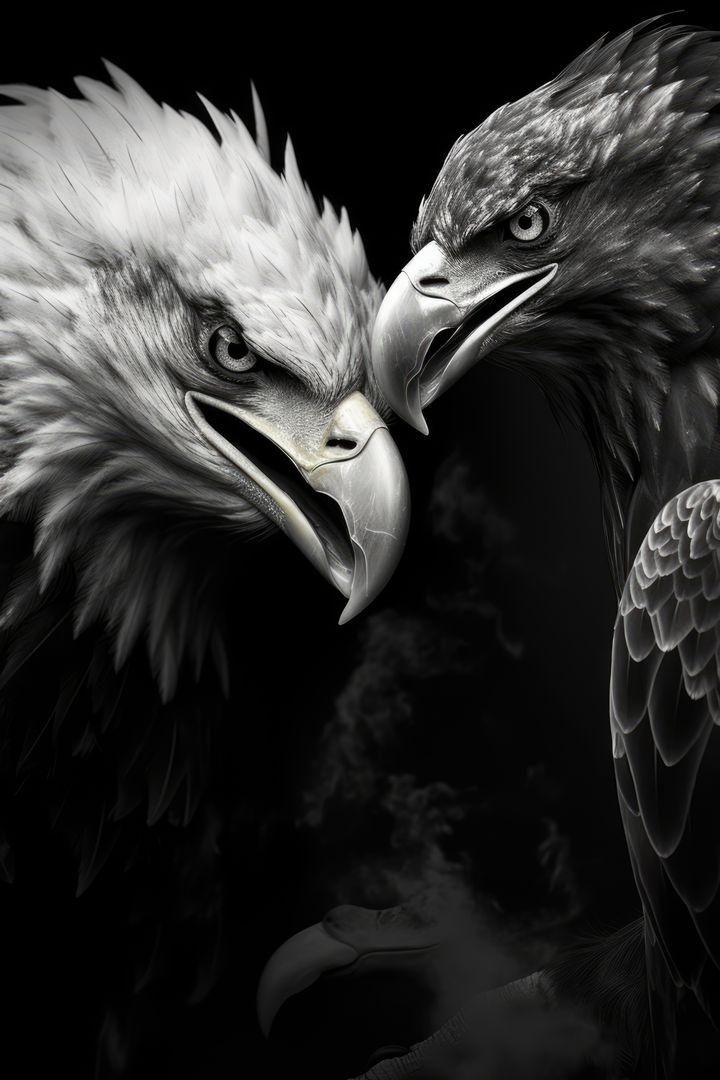 Two eagles face each other in a dramatic black and white portrait - Free Images, Stock Photos and Pictures on Pikwizard.com