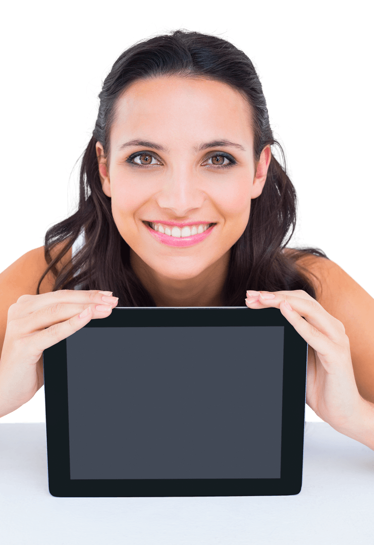 Smiling Brunette Woman Holding Blank Screen Tablet on Transparent Background