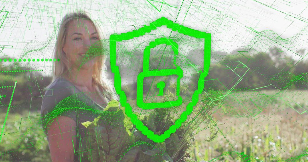 Woman Holding Lettuce in Digital Security Framework Field