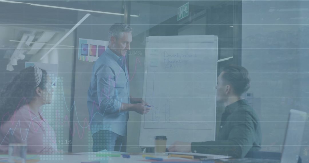 Collaborative Business Strategy Meeting in Modern Office with Data Overlay