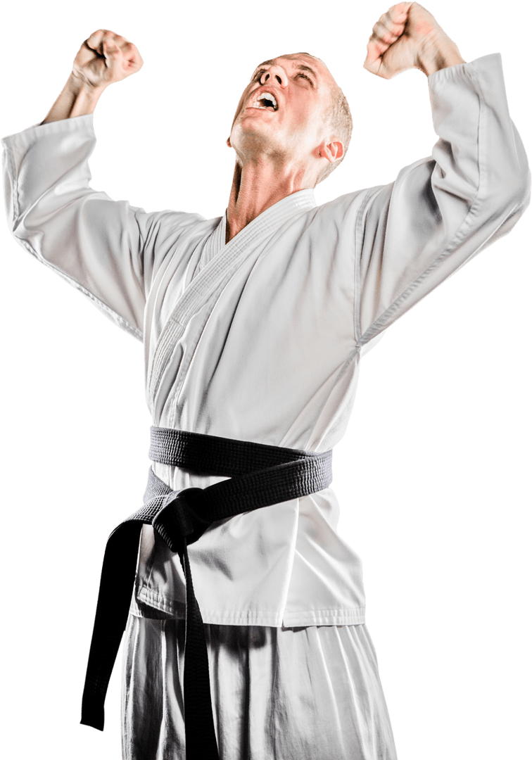 Karate Champion in White Uniform Transparently Celebrating Triumph