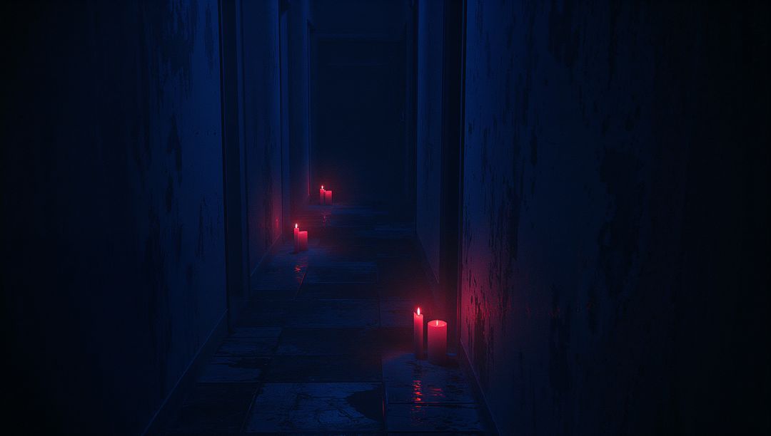Mystical Abandoned Hallway with Red Candlelight