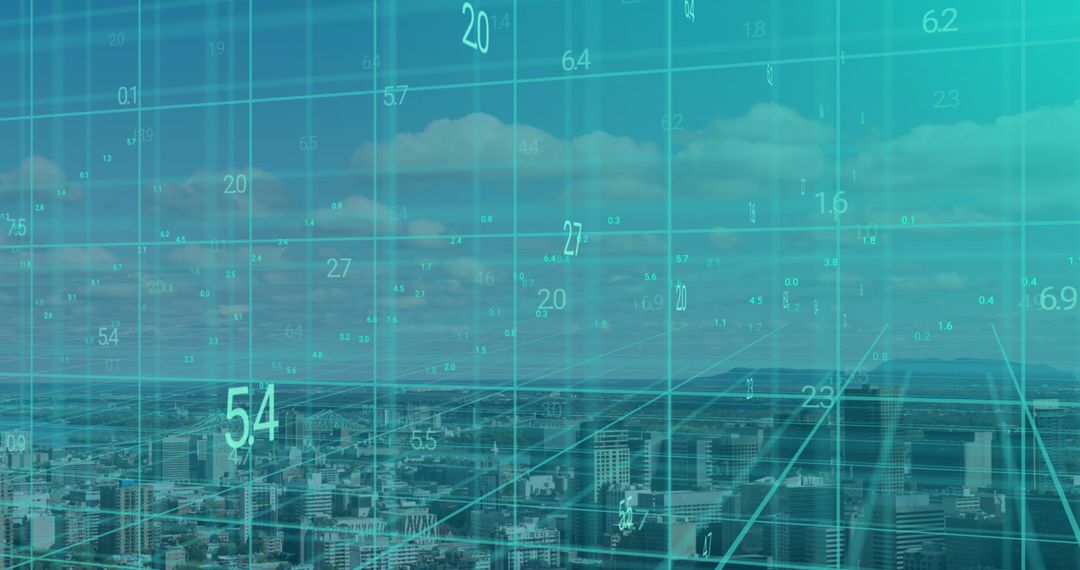 Futuristic Data Grid Overlaying Cityscape for CommTech Concepts