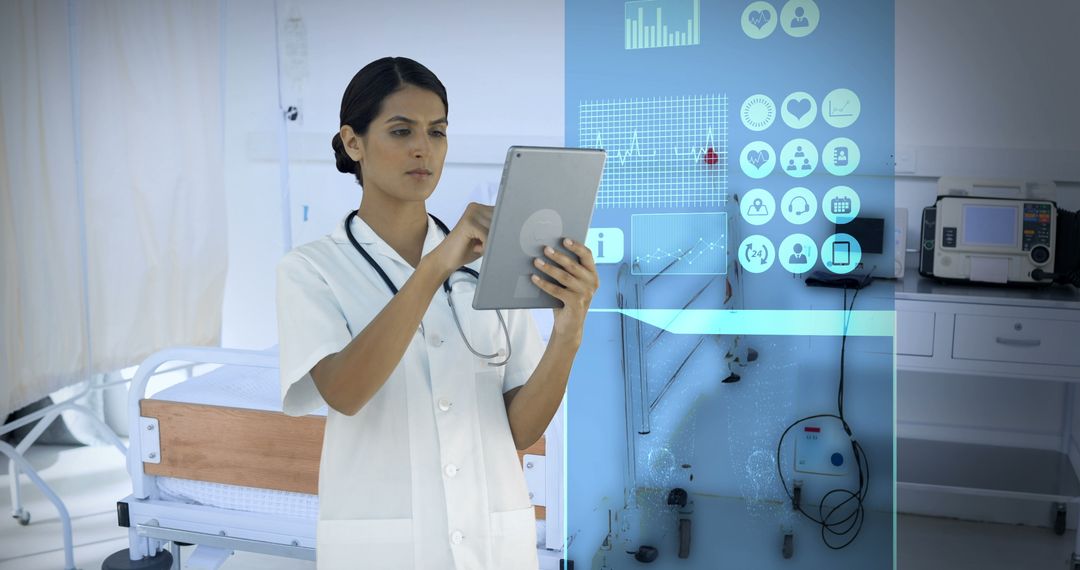 Doctor Using Tablet with Digital Interface in Hospital