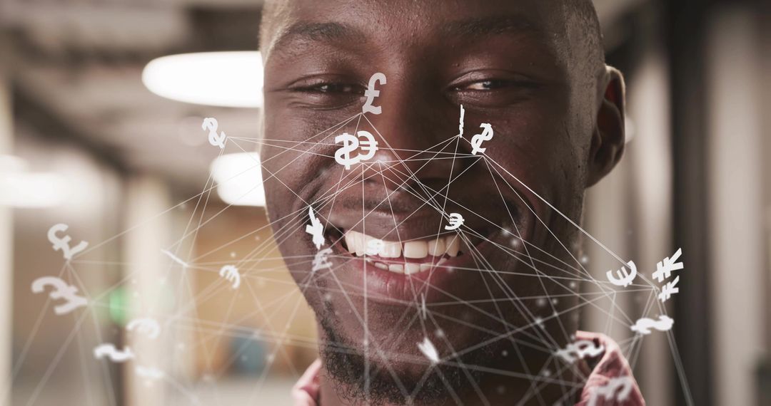 Smiling Professional with Modern Currency Network Overlay