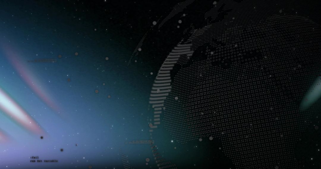 Dotted Digital Globe Emitting Neon Light Streaks and Data Nodes in Dark Cyber Background