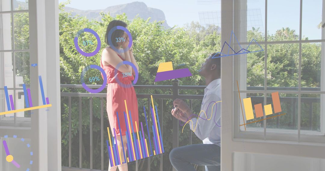 Man Kneeling Proposing to Woman on Balcony with Augmented Reality Data Overlays and Charts