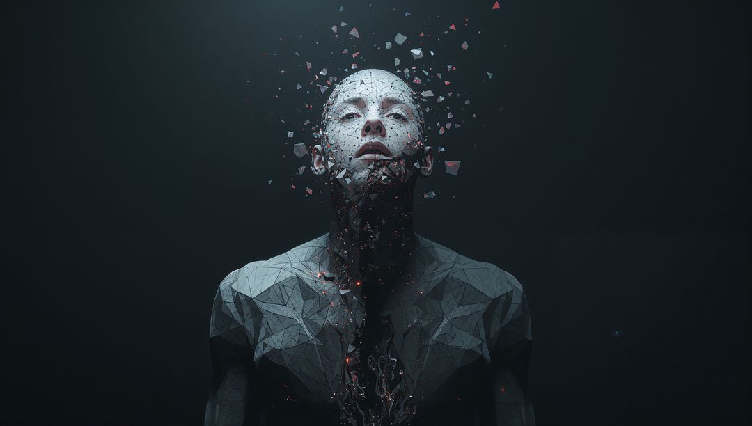 Fragmenting Low-Poly Human Bust Shedding Triangular Shards with Glowing Embers