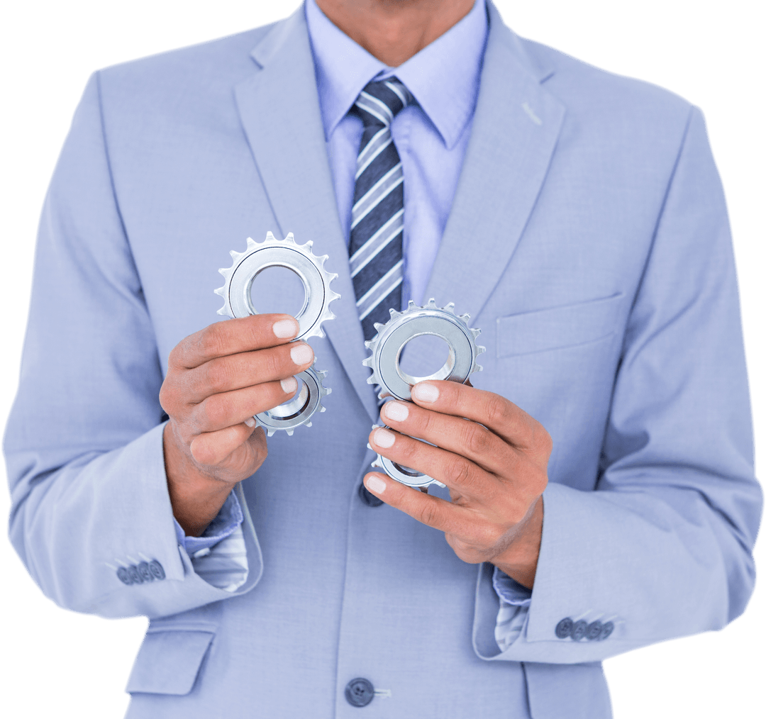 Transparent Businessman Holding Gears Symbolizing Teamwork
