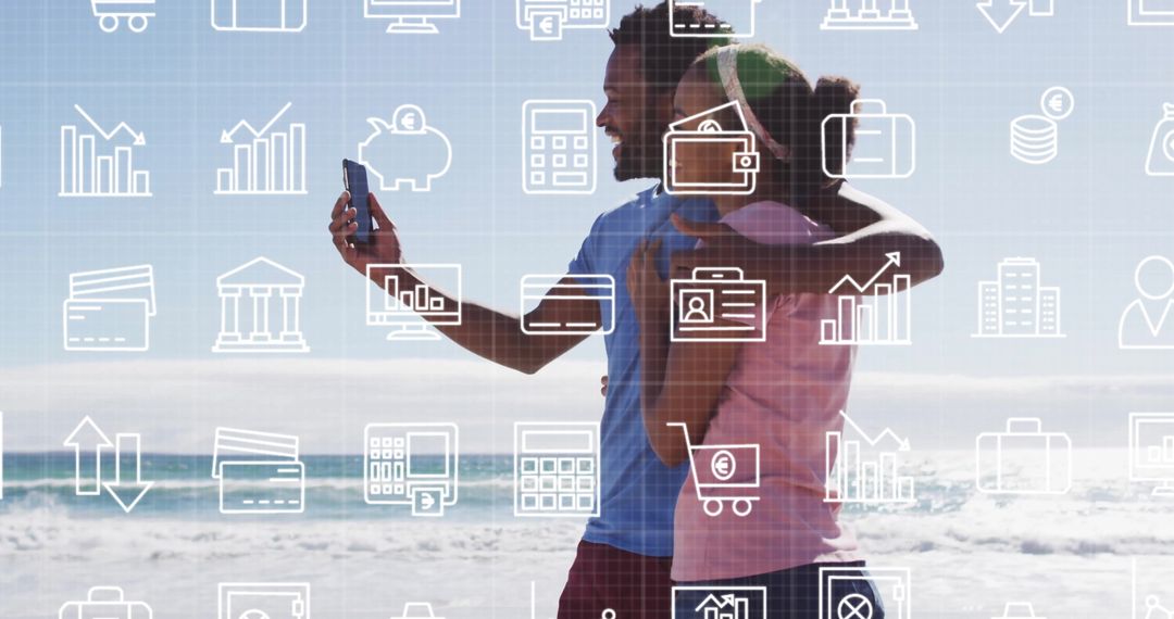 Smiling Couple Taking Selfie on Beach with Tech Overlay