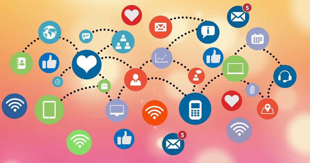 Digital Media Icons Connecting Over Vibrant Background