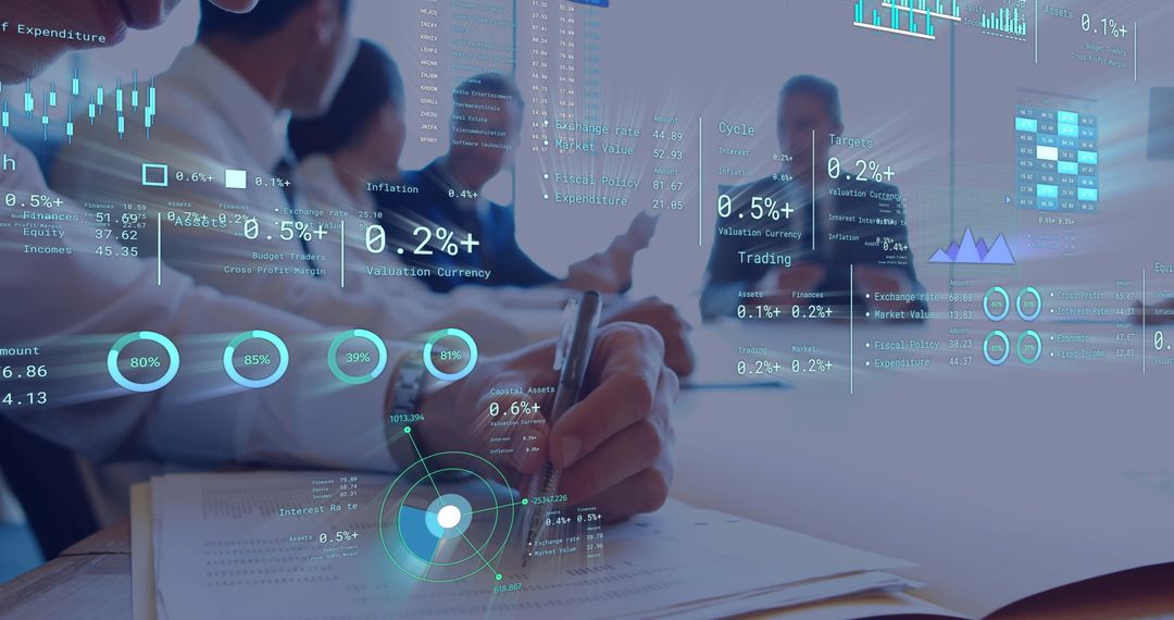 Business Professionals Analyzing Complex Data Infographics in Modern Office