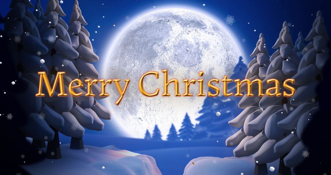Merry Christmas Greeting in Winter Wonderland with Full Moon Background