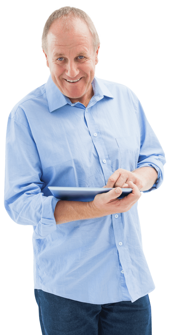 Transparent Middle-Aged Man Using Digital Tablet with Smile