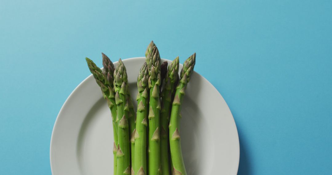 Image of fresh asparagus on white plate over blue background - Free Images, Stock Photos and Pictures on Pikwizard.com