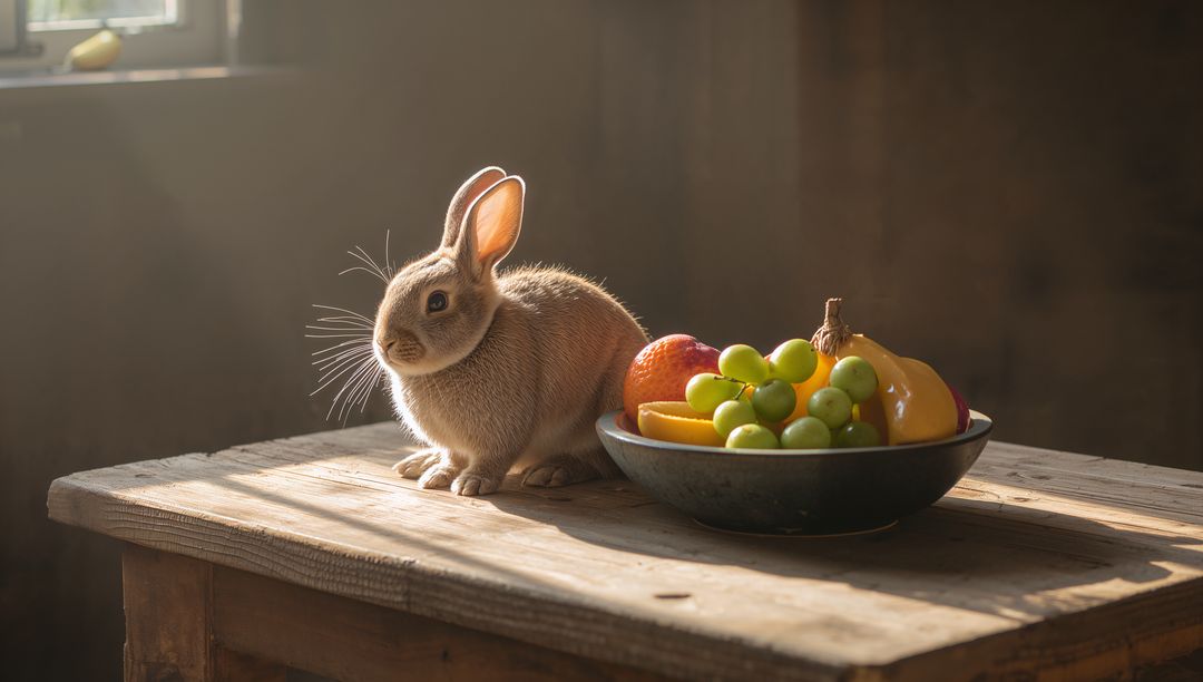 Basking Brown Rabbit Sitting on Rustic Wooden Table with Bowl of Grapes Pear Orange
