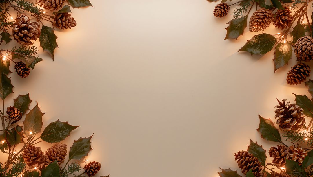 Framing holiday pine cone and holly border around blank cream center with warm lights