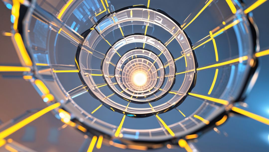 Futuristic Data Tunnel with Glass Rings and Bright Light