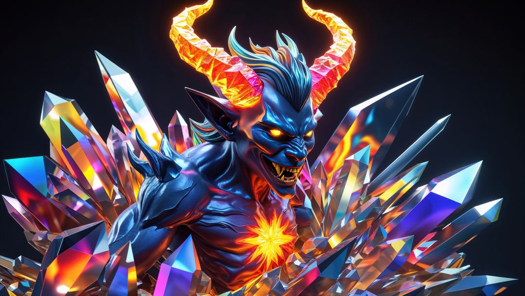 Mystical Demon Rising with Fiery Molten Horns and Crystalline Burst