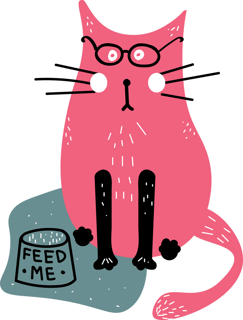 Cute Pink Cat with Glasses Begging for Food Transparent Vector