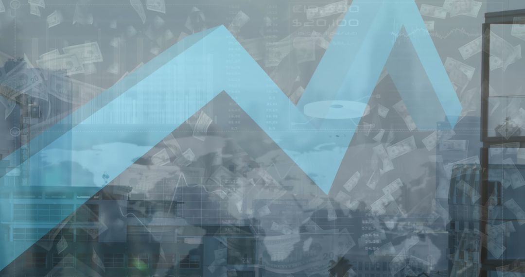 Digital Financial Data Overlying Cityscape with Falling Dollar Bills