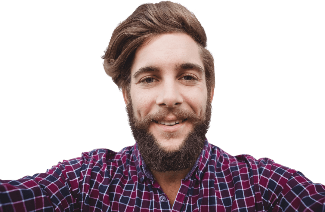 Smiling Man with Beard Capturing Selfie on Transparent Background