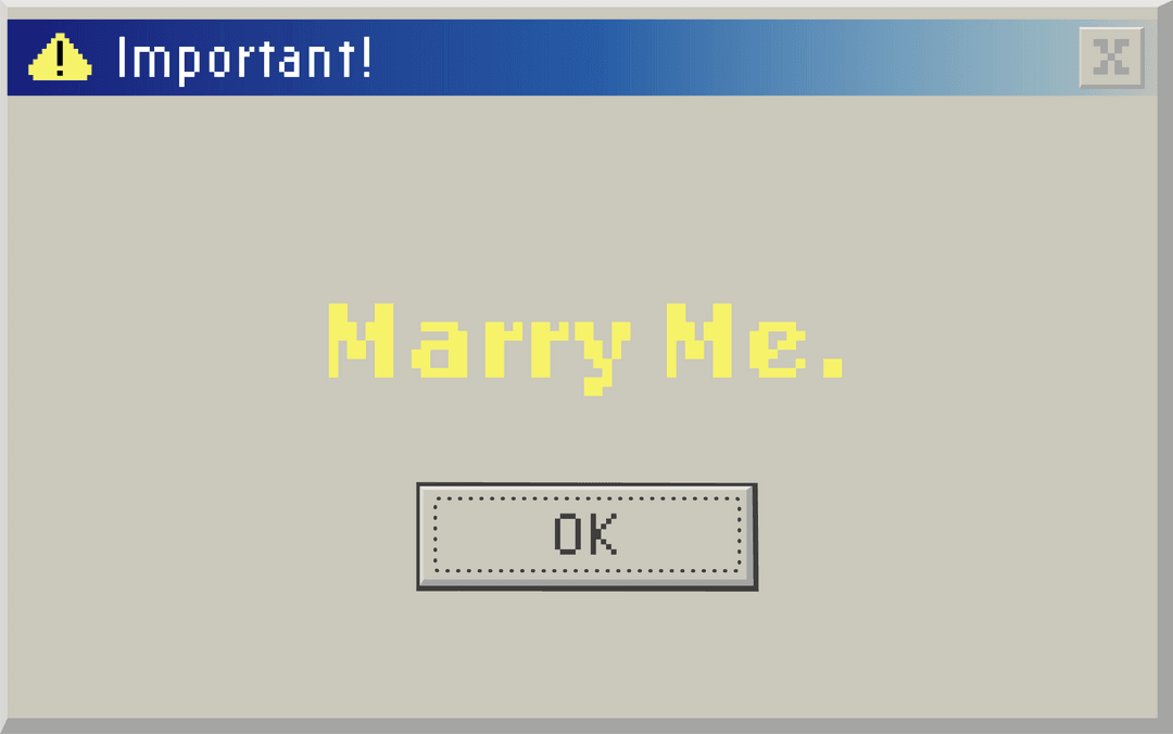 Retro Pixel Art Marriage Proposal in Transparent Alert Style