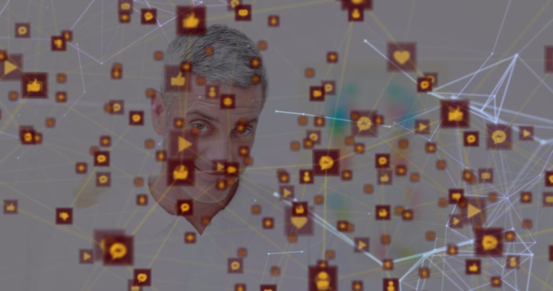 Connected Network with Icons Overlaying Man's Face
