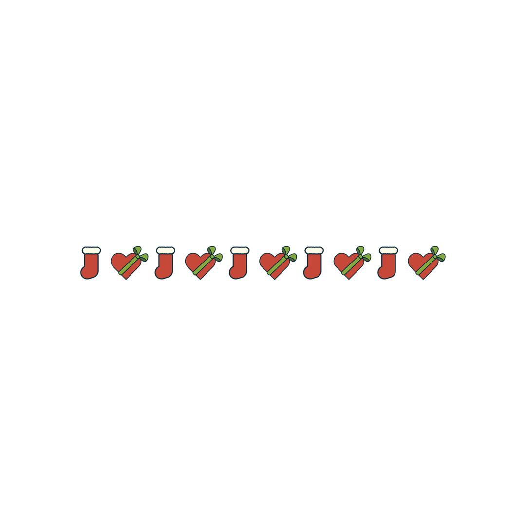 Line of Festive Christmas Stockings and Hearts on Transparent Background
