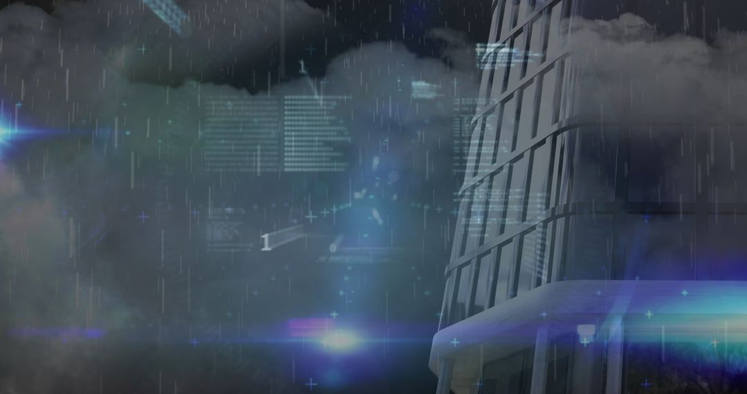 Futuristic Digital Data Processing Amid Urban Rainfall