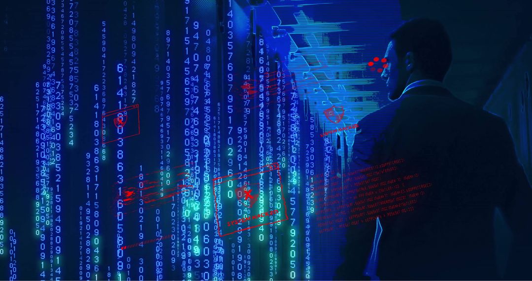 Businessman Observing Digital Code Overlaid on Server Racks Doubles as Surveillance Imagery