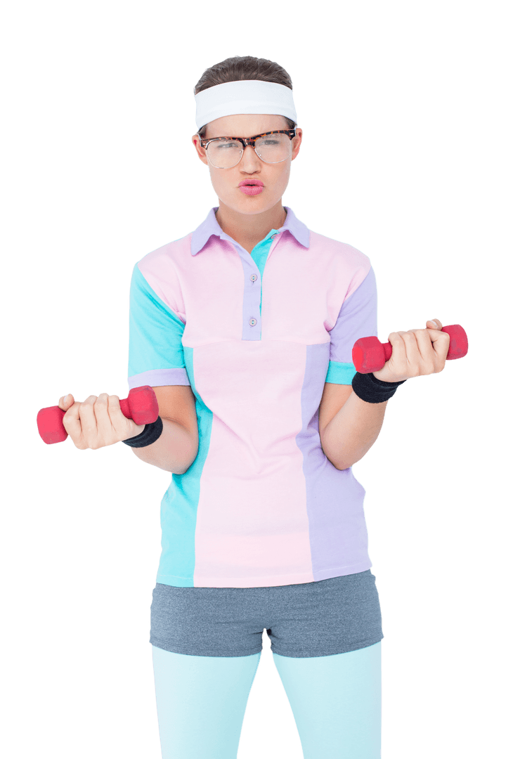 Geeky Hipster Girl Lifting Red Dumbbells with Transparent Background