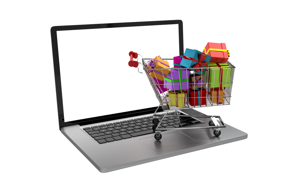 Transparent Online Shopping Concept with Laptop and Shopping Cart Full of Gifts - Download Free Stock Images Pikwizard.com