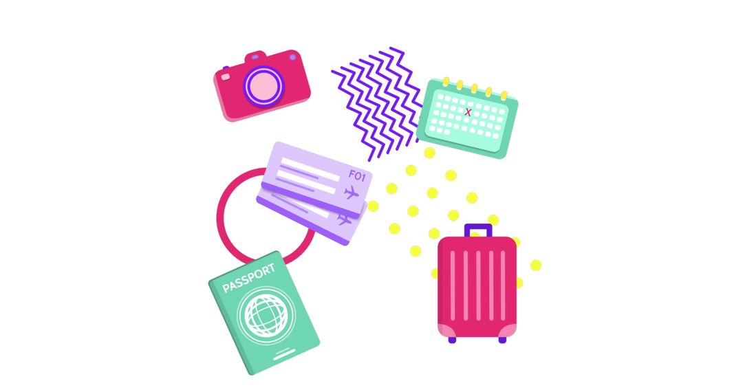 Vibrant Travel Icons on White Background Symbolizing Adventure