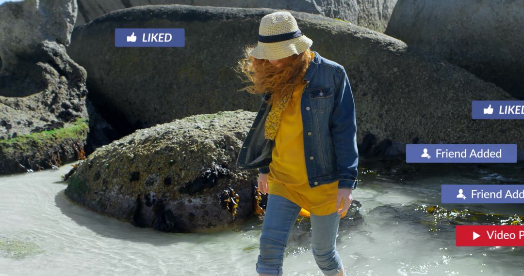 Woman Exploring Tide Pools with Social Media Icons in Nature
