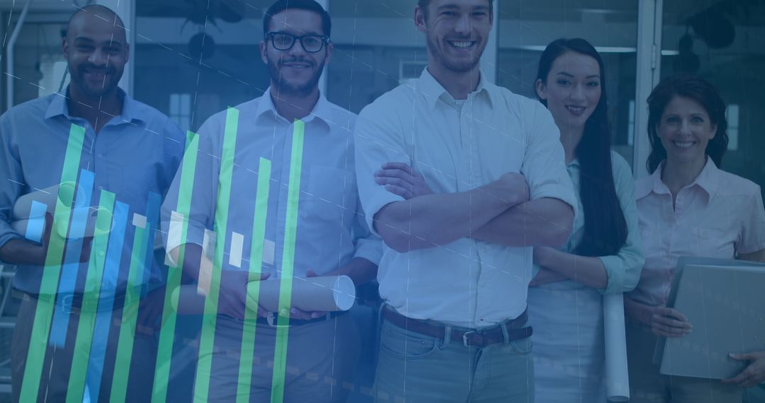 Diverse Financial Team Overlaid with Virtual Data Graphs