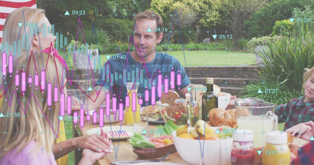 Multigenerational family enjoying backyard meal with candlestick chart and data overlay