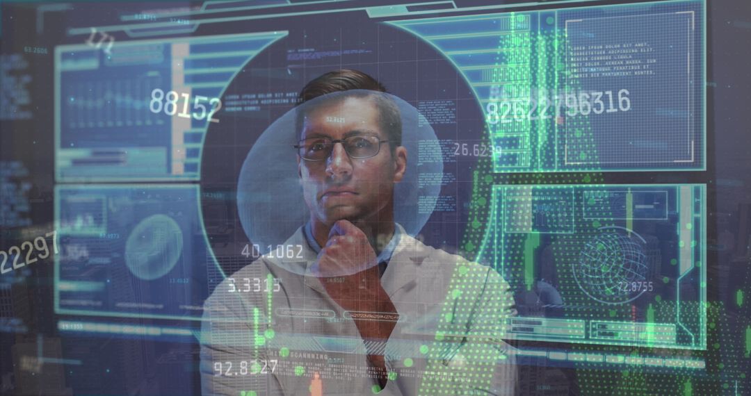 Futuristic Doctor Analyzing Digital Scientific Data