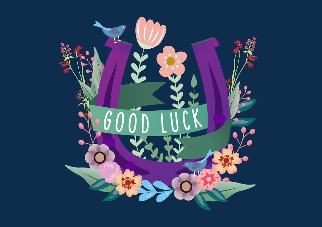 Colorful Good Luck Illustration with Flowers, Birds, and Horseshoe - Download Free Stock Templates Pikwizard.com