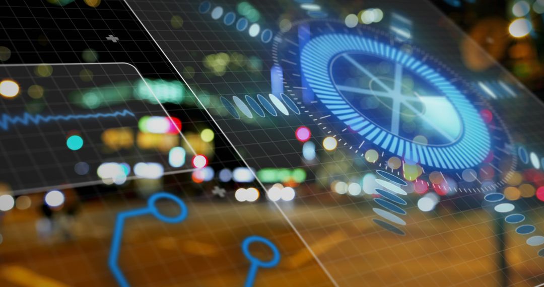 Futuristic Data Interface Over Cityscape at Night