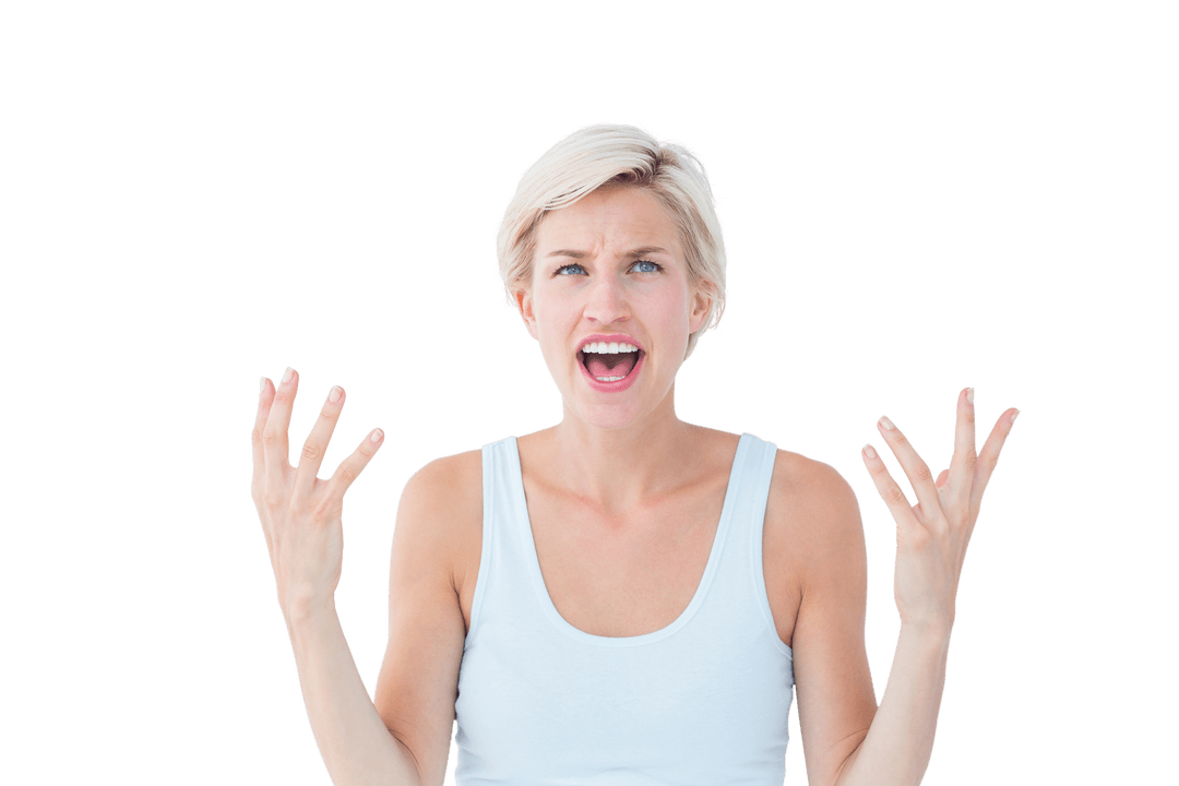 Agitated Woman Yelling with Hands Raised on Transparent Background