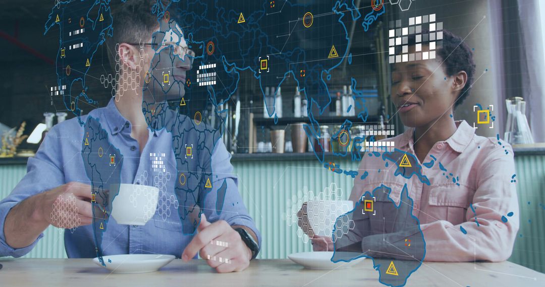 Colleagues Collaborating with Digital World Map Overlay in Café