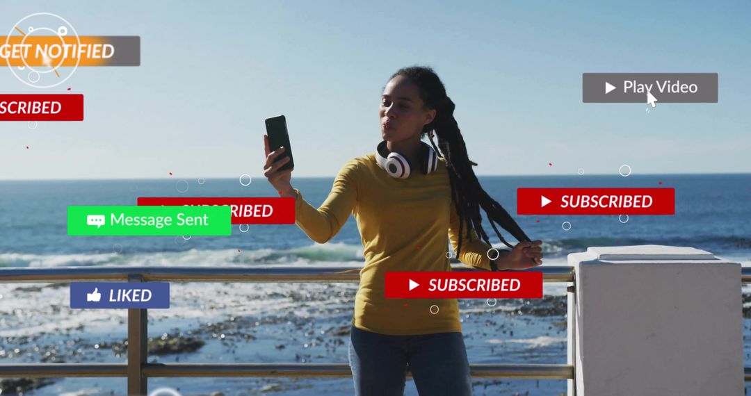 Woman in Casual Holding Smartphone on Coastal Promenade with Digital UI