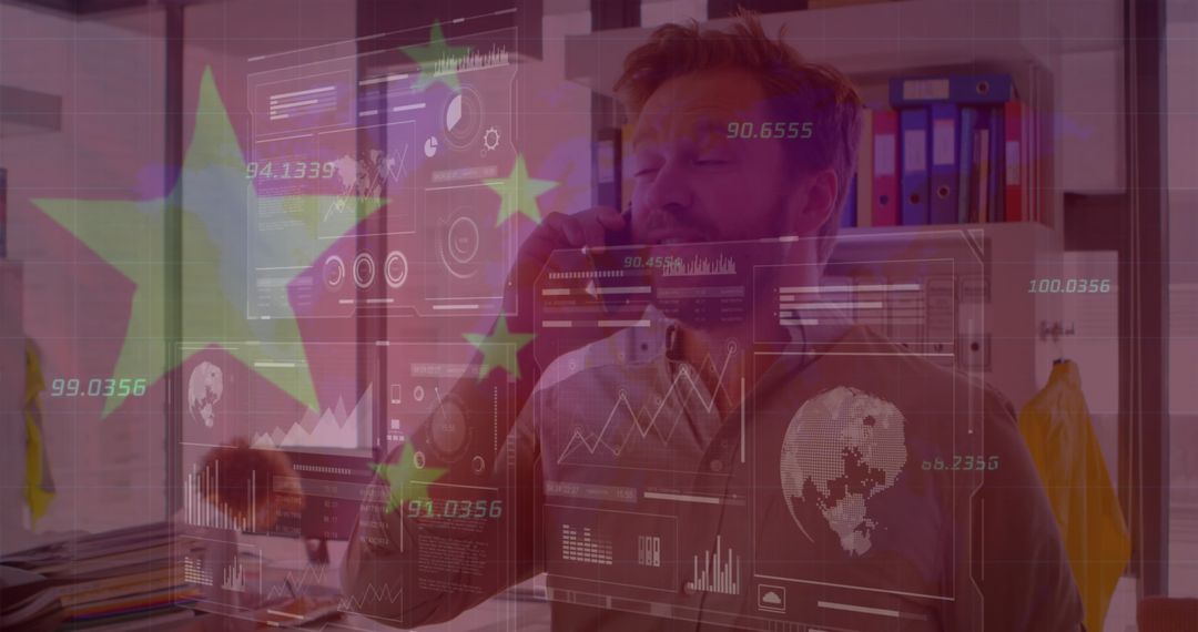 Businessman Analyzing Data on Futuristic Screen While Multitasking