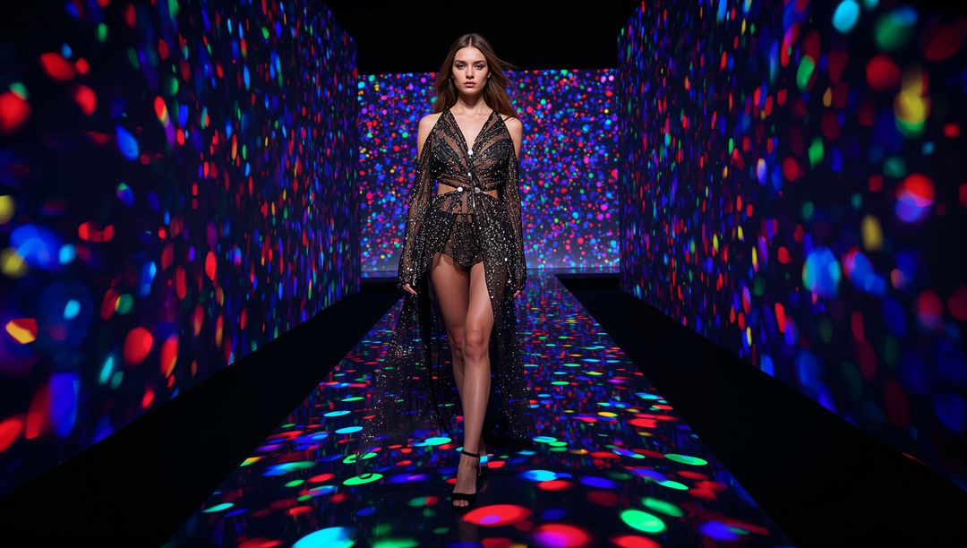 Model walking runway in glittering sheer cape dress with LED bokeh mirror runway