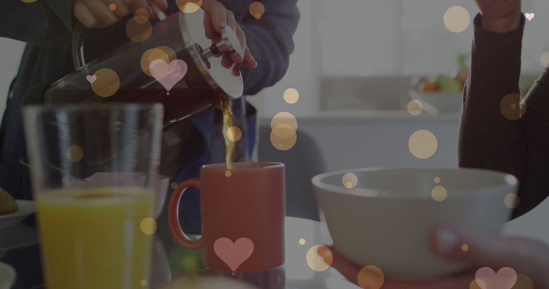 Romantic Breakfast Scene with Streaming Coffee and Heart Decorations